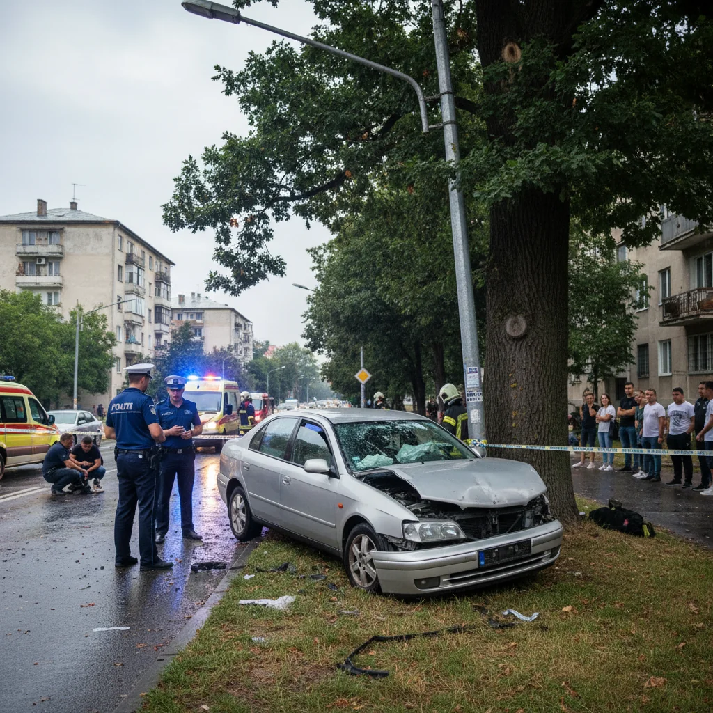 Accident rutier în Slatina: mașină proiectată într-un pom și într-un stâlp de iluminat