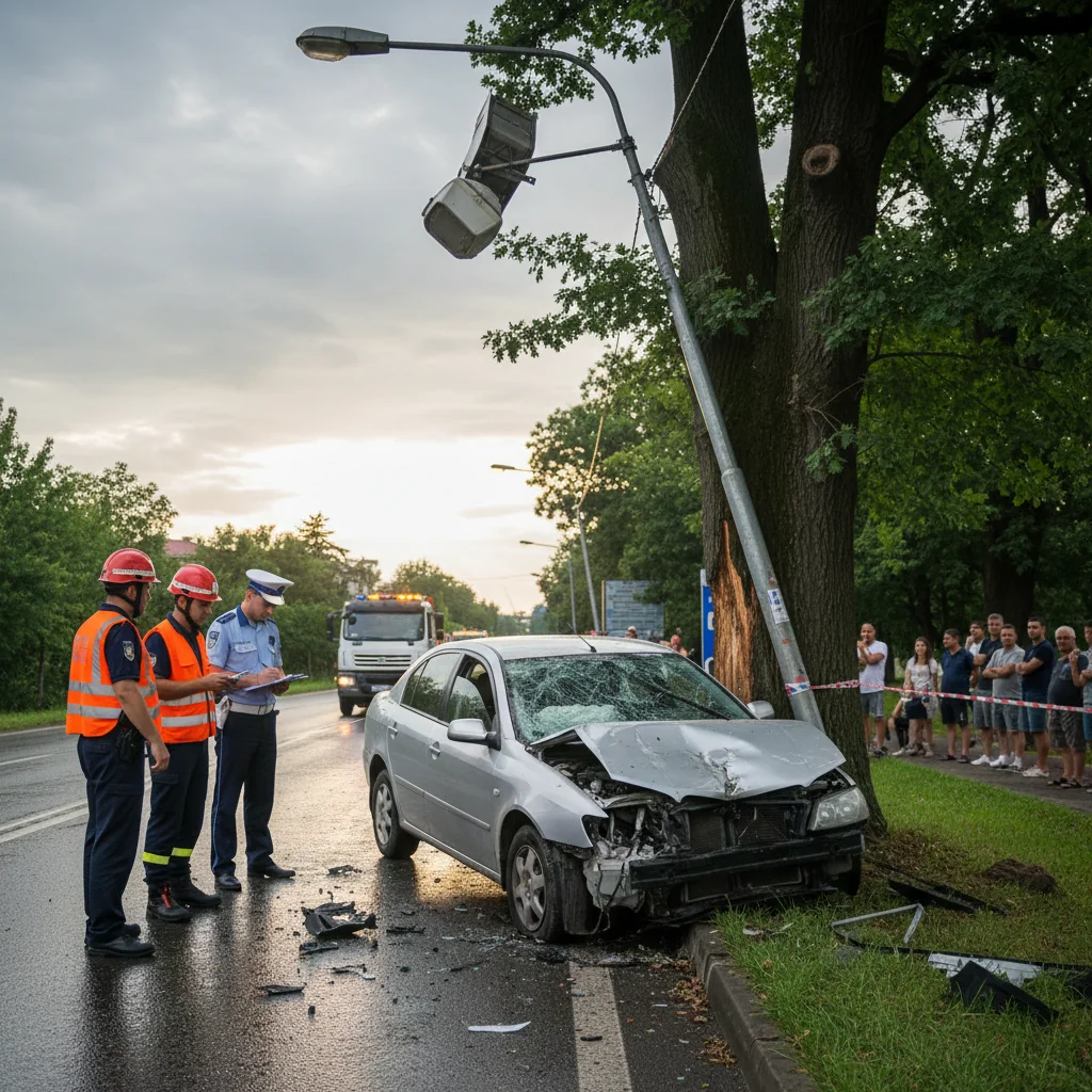 Accident rutier în Slatina: mașină proiectată într-un pom și un stâlp de iluminat