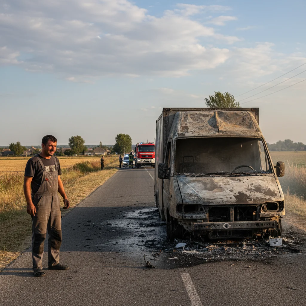 Autoutilitară distrusă de flăcări pe drum din Olt, șofer salvat