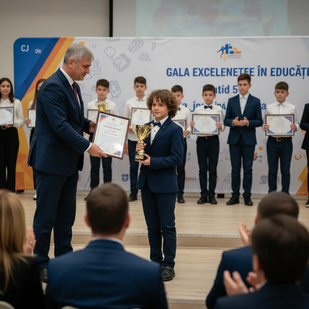 elevii premiați pentru rezultatele la olimpiade, iar marele trofeu ajunge la micuțul geniu al matematicii din Caracal, Eduard Ștefan