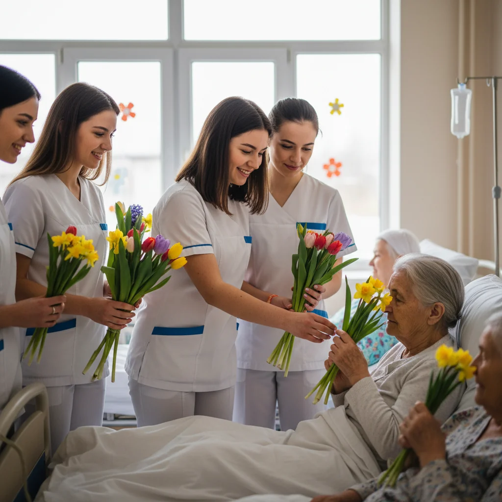 Gest de apreciere: Elevii Postlicealei Sanitare Slatina au oferit flori pacientelor din Spitalul Județean