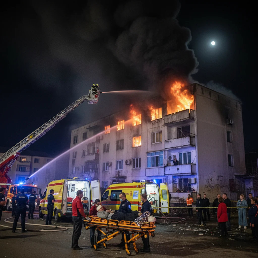 Incendiu de noapte într-un bloc din Slatina: trei persoane ajunse la spital