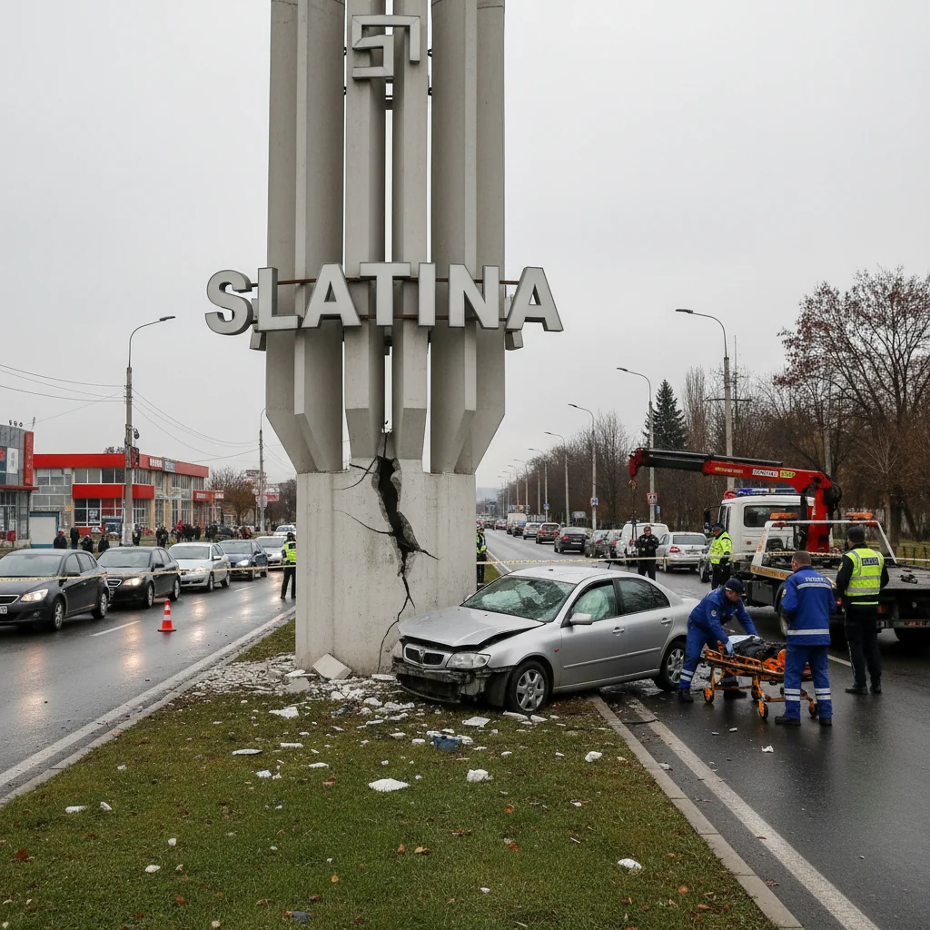 Mașină proiectată în totemul de la intrarea în Slatina, șofer rănit grav pe DN 65