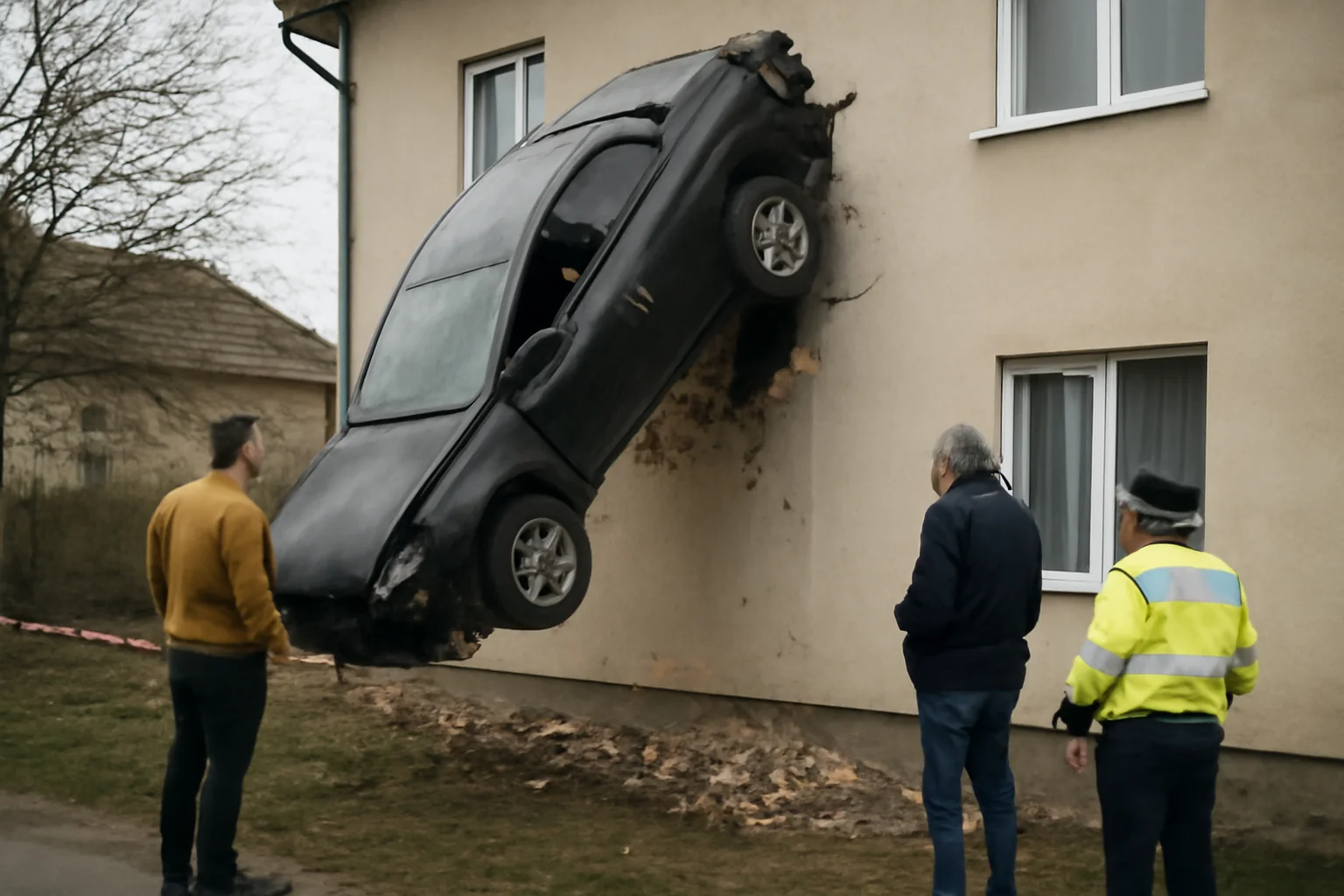 Mașină proiectată pe fațada unei case după un impact rutier în județul Olt, aproape de Slatina