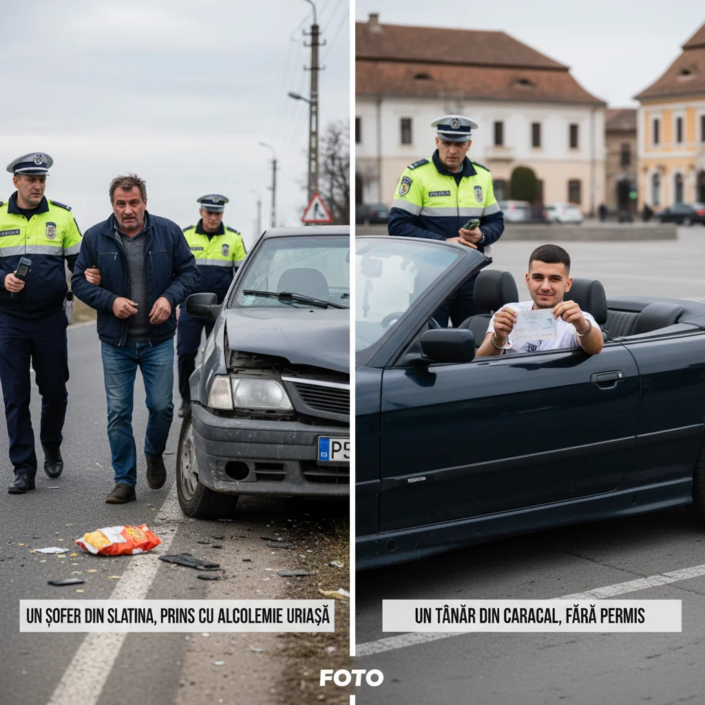 Șofer din Slatina depistat beat criță la volan, iar un tânăr din Caracal surprins conducând fără permis